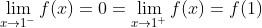 \lim_{x\rightarrow 1^-}f(x)=0=\lim_{x\rightarrow 1^+}f(x)=f(1)